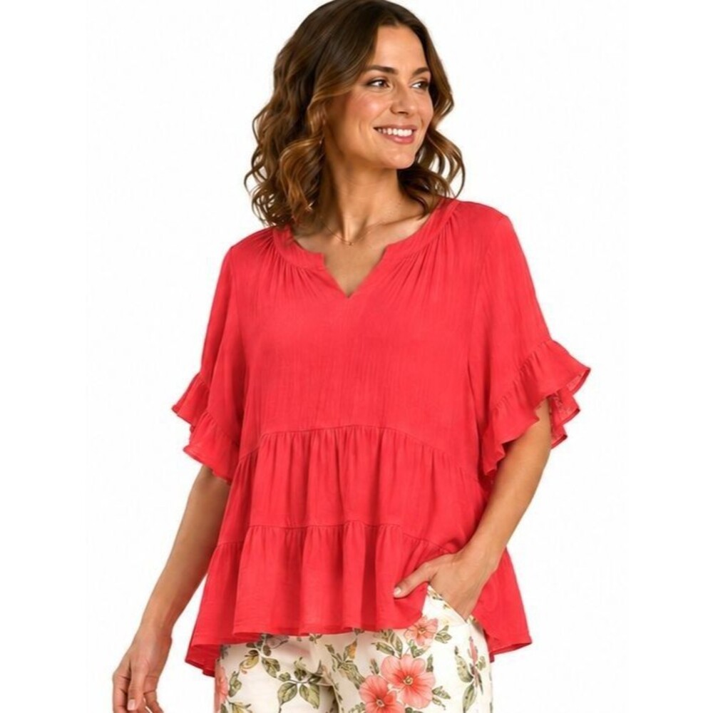New UMGEE S 4 6 Strawberry Mandarin Collar V Neck Bell Ruffle Sleeve Tiered Top